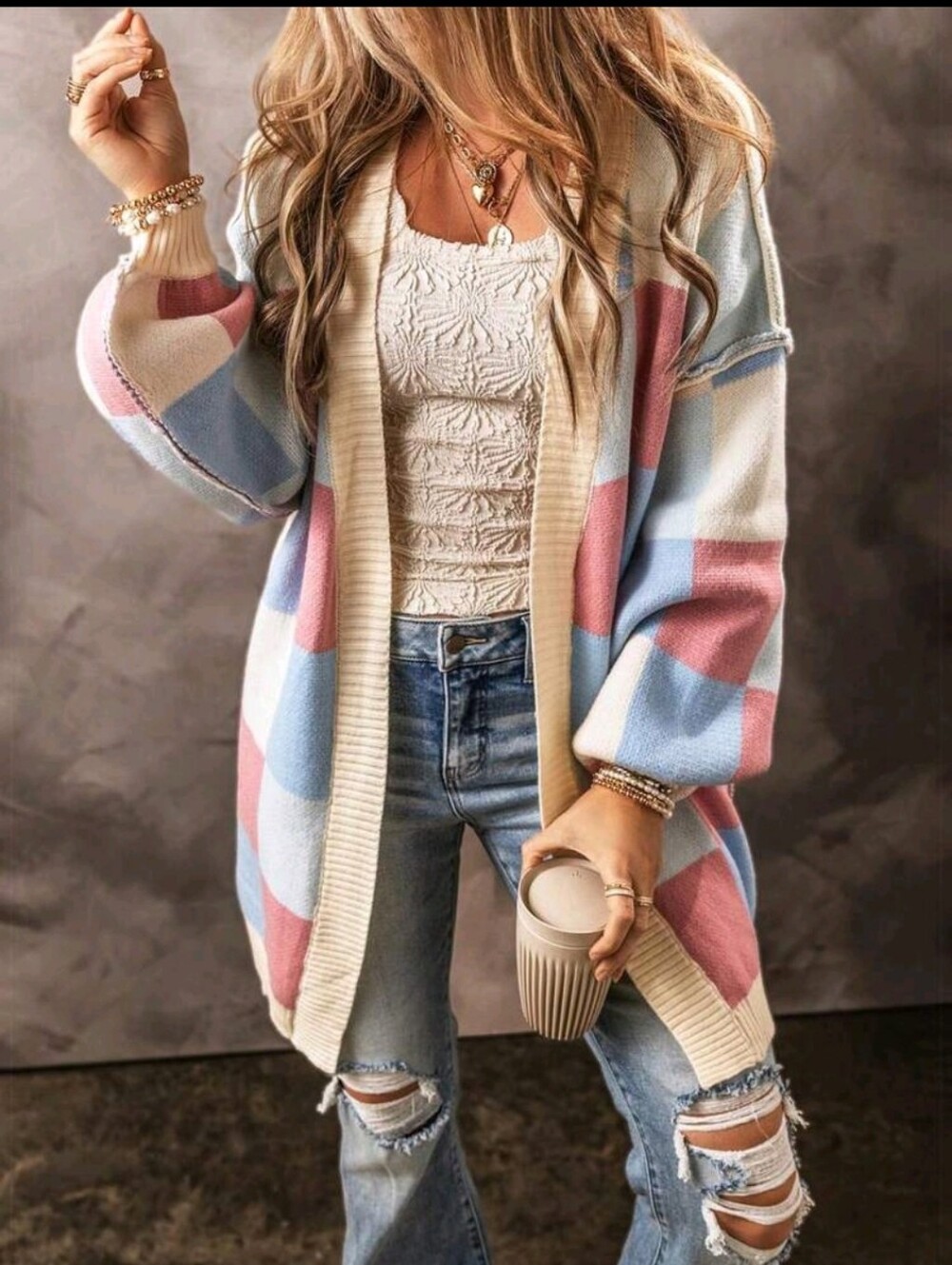 NEW WOMENS COLORFUL PLAID CASUAL LOOSE OVERSIZED CARDIGAN